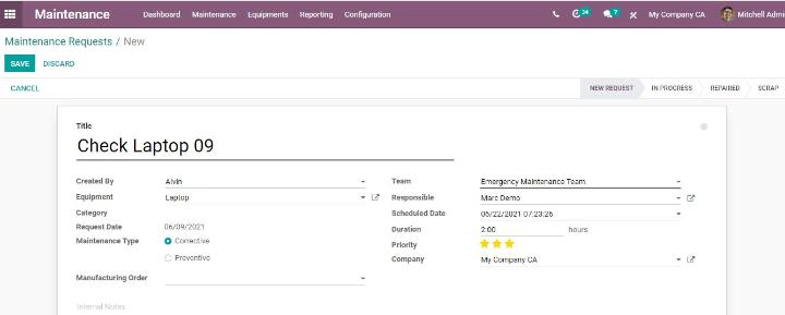 Hướng dẫn quản lý Yêu cầu bảo trì với Mô-đun bảo trì Odoo